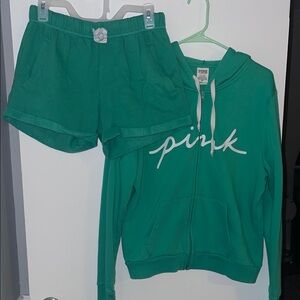 Victoria's Secret Pink Green Hoodie and Shorts Set